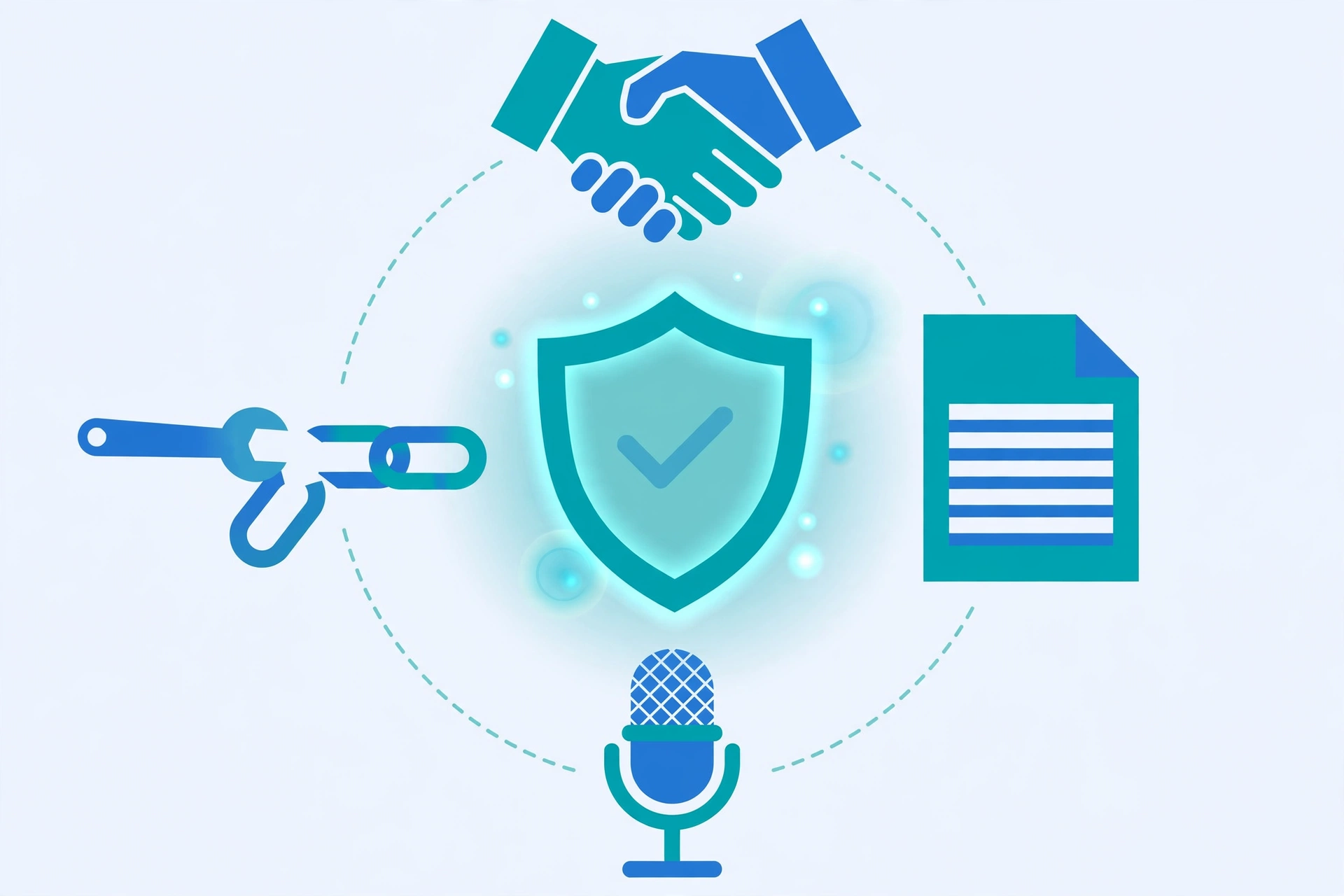 Ethical link building tactics around a glowing shield: handshake, guest article, podcast microphone and repaired chain