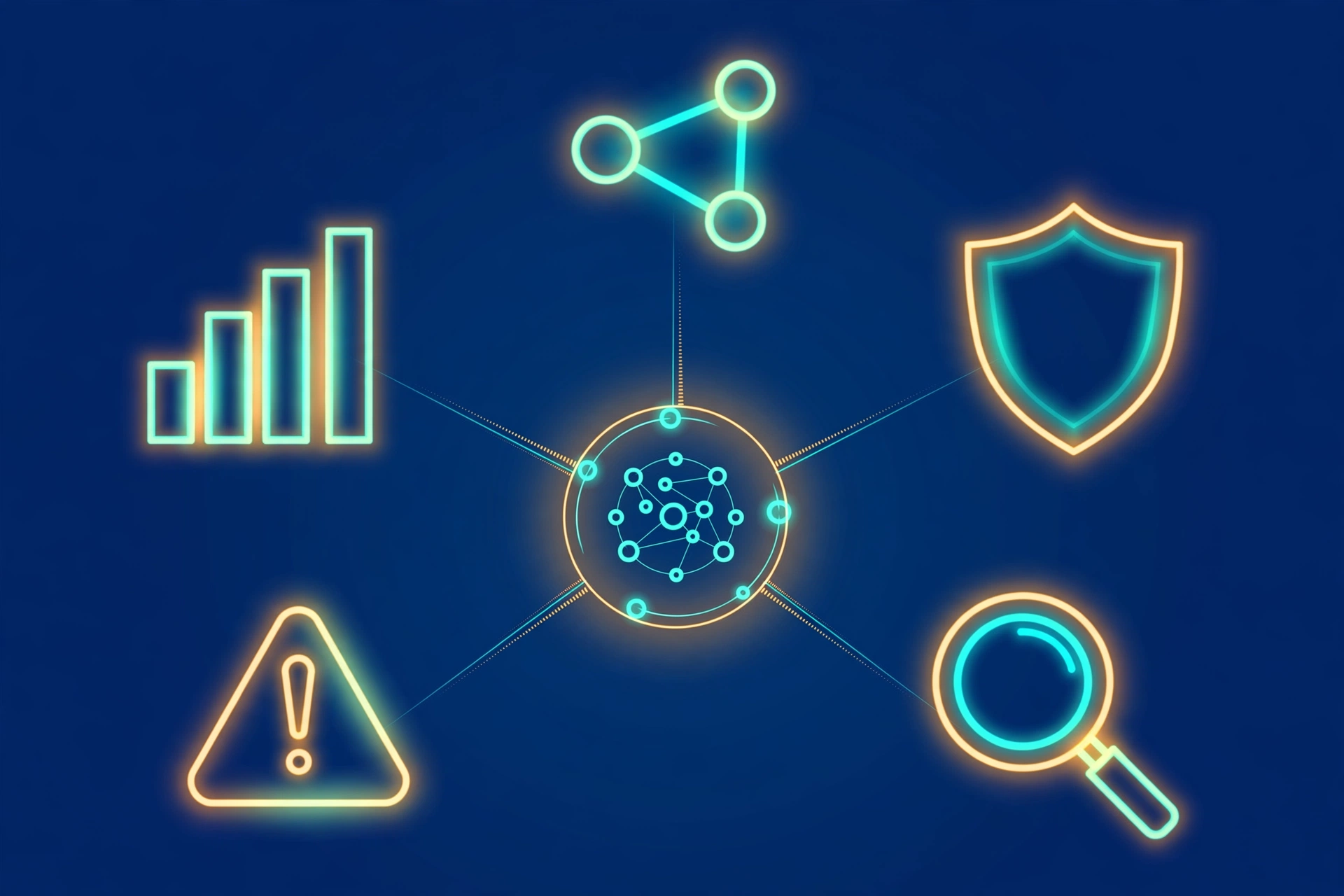 Diagram showing five domain authority factors: link networks, trust shield, quality magnifier, spam warning triangle, and traffic bars connected to a central hub