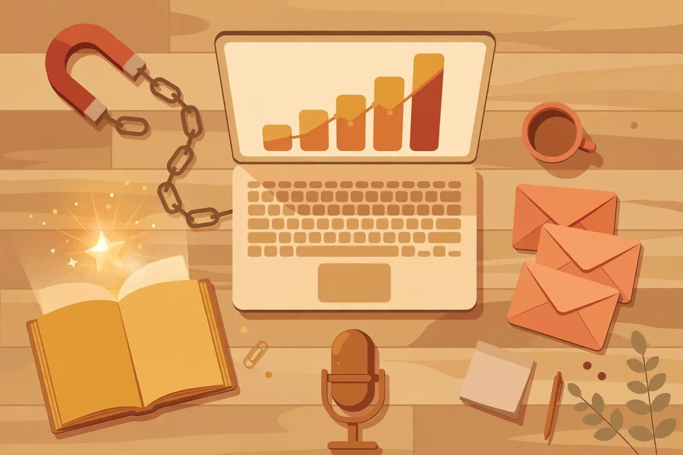 Top-a creator's desk with a laptop showing a rising chart, a magnet attracting link chains, an open book, a microphone, and outreach envelopes