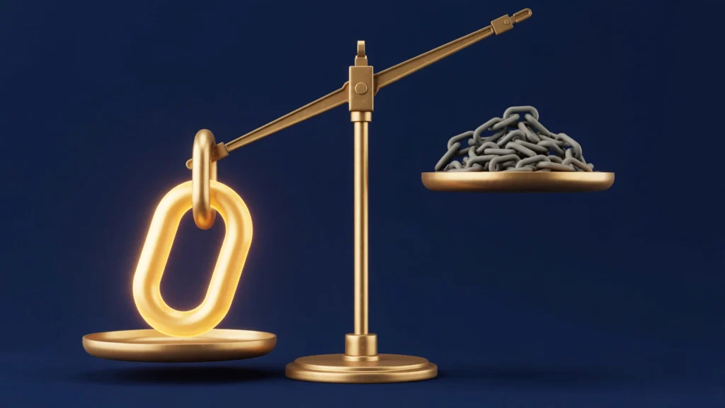 Balance scale illustration showing one glowing golden chain link outweighing a pile of dull gray links, symbolizing backlink quality over quantity
