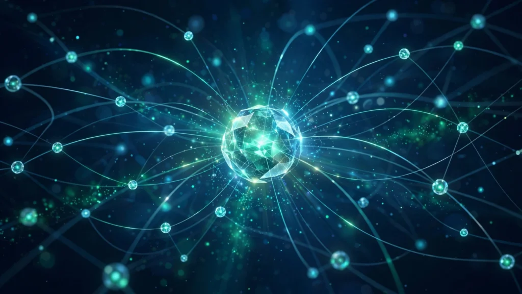 Abstract illustration of a central website node connected by glowing lines to a network of backlink nodes
