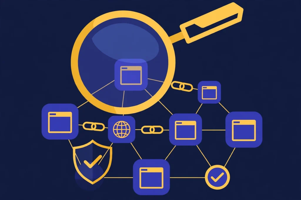 A magnifying glass over a network of connected website nodes and link icons, representing backlink analysis tools