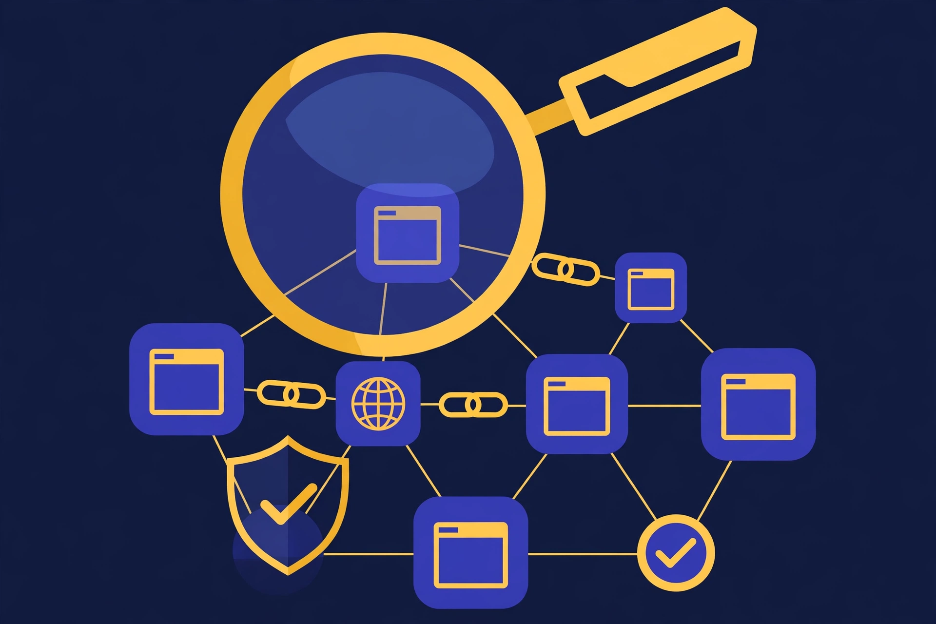 A magnifying glass over a network of connected website nodes and link icons, representing backlink analysis tools