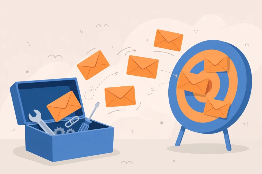 Open blue toolbox releasing orange envelopes toward a blue and orange target, link building tools