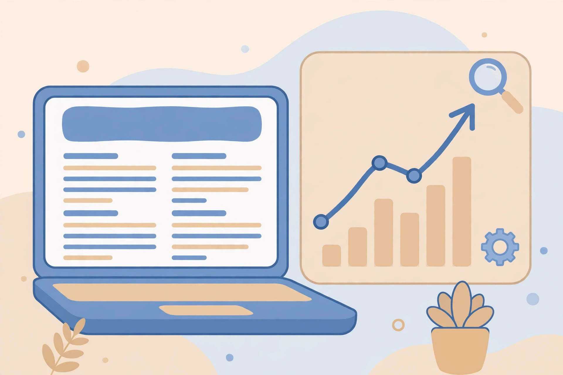 Laptop displaying a blog article next to a rising search ranking chart with an upward arrow, blog SEO