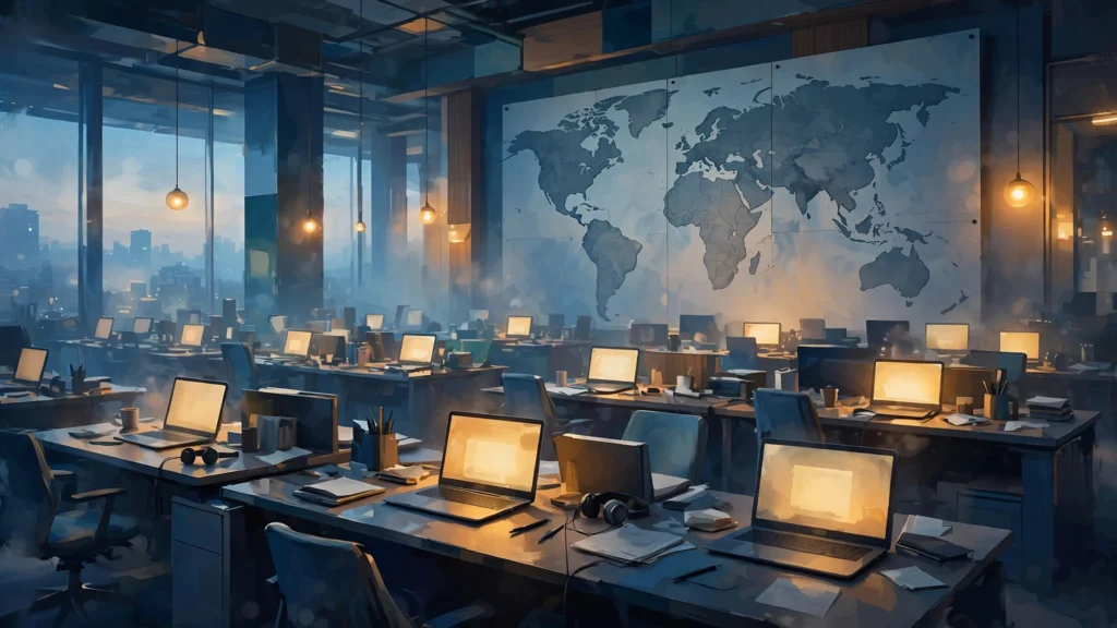 Digital PR link building: a newsroom at dawn with a world map