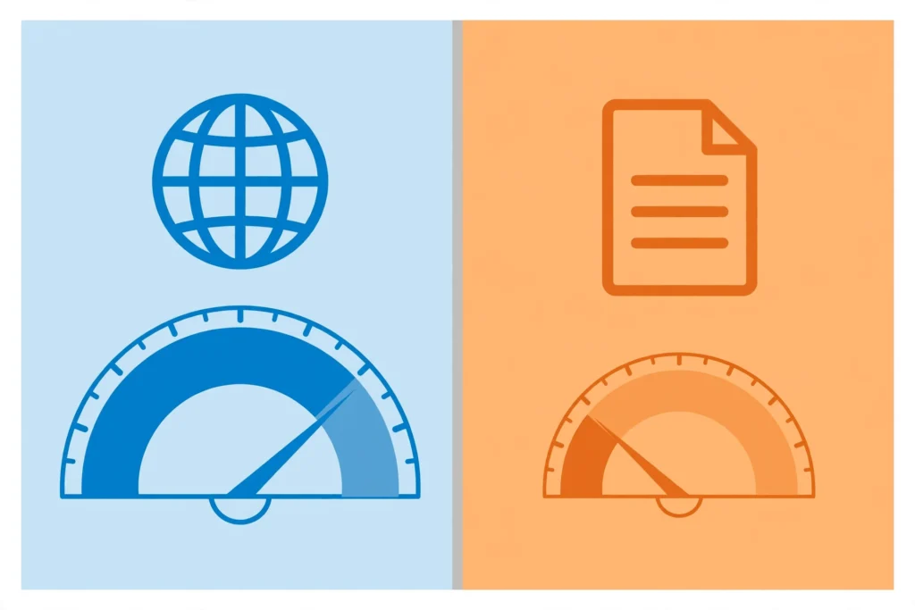 Split illustration comparing website-wide domain authority gauge with single-page authority gauge