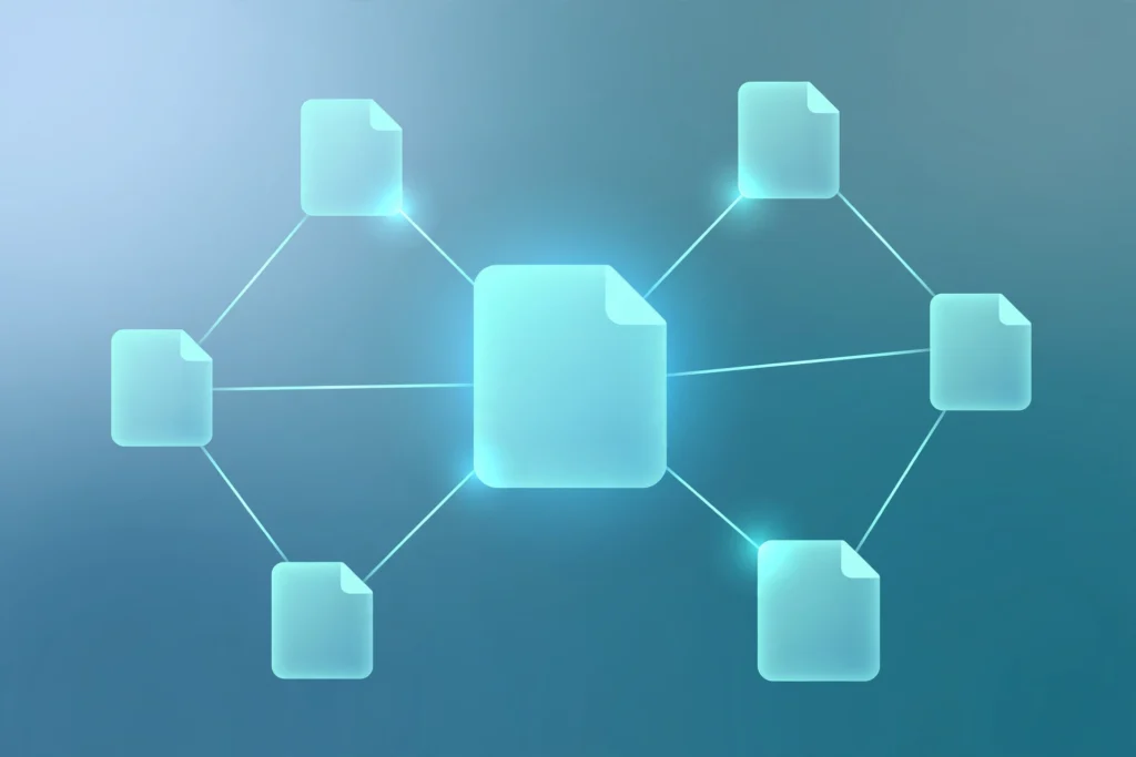 Central document connected to six surrounding documents in a hub-and-spoke diagram, illustrating internal linking between pages