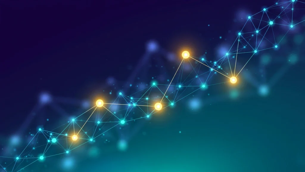Abstract illustration of a glowing network of connected nodes rising across a dark blue background, symbolizing link building
