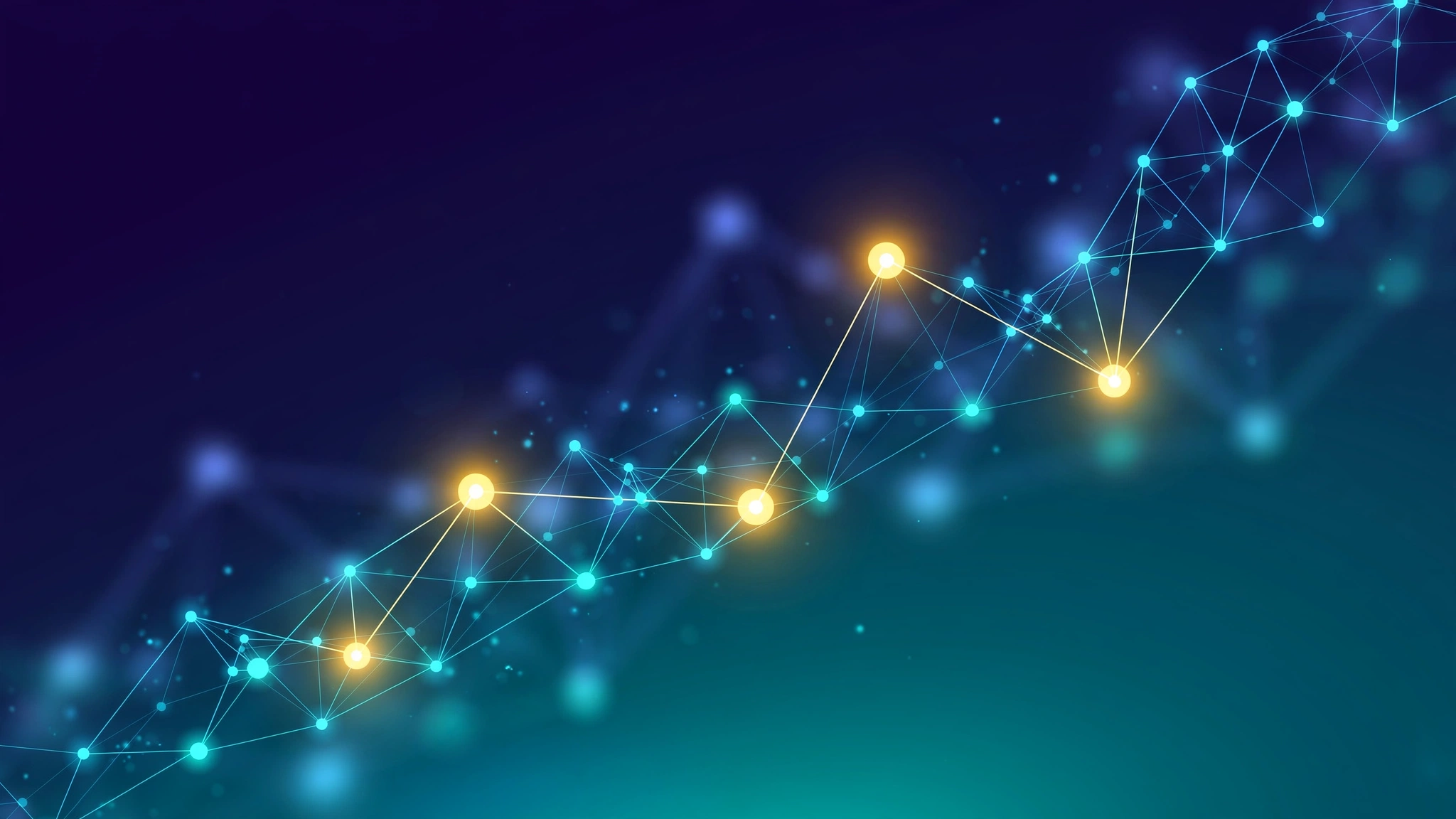 Abstract illustration of a glowing network of connected nodes rising across a dark blue background, symbolizing link building