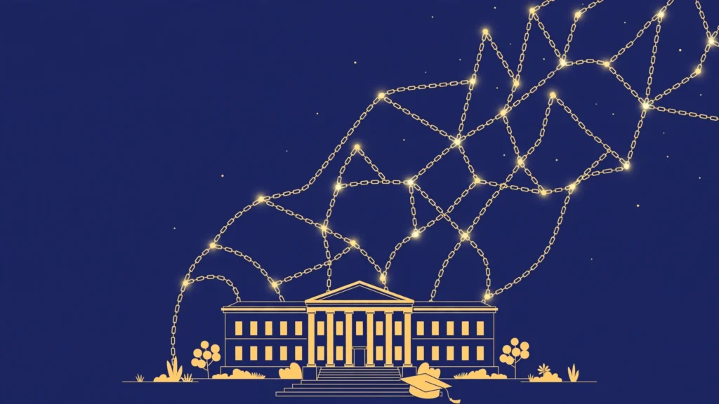 University campus building with glowing link connections representing .edu backlink strategies