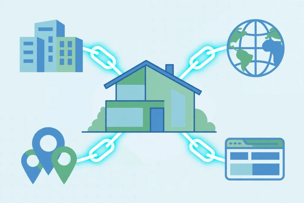 Link building for real estate: house connected by links to buildings, globe and web icons