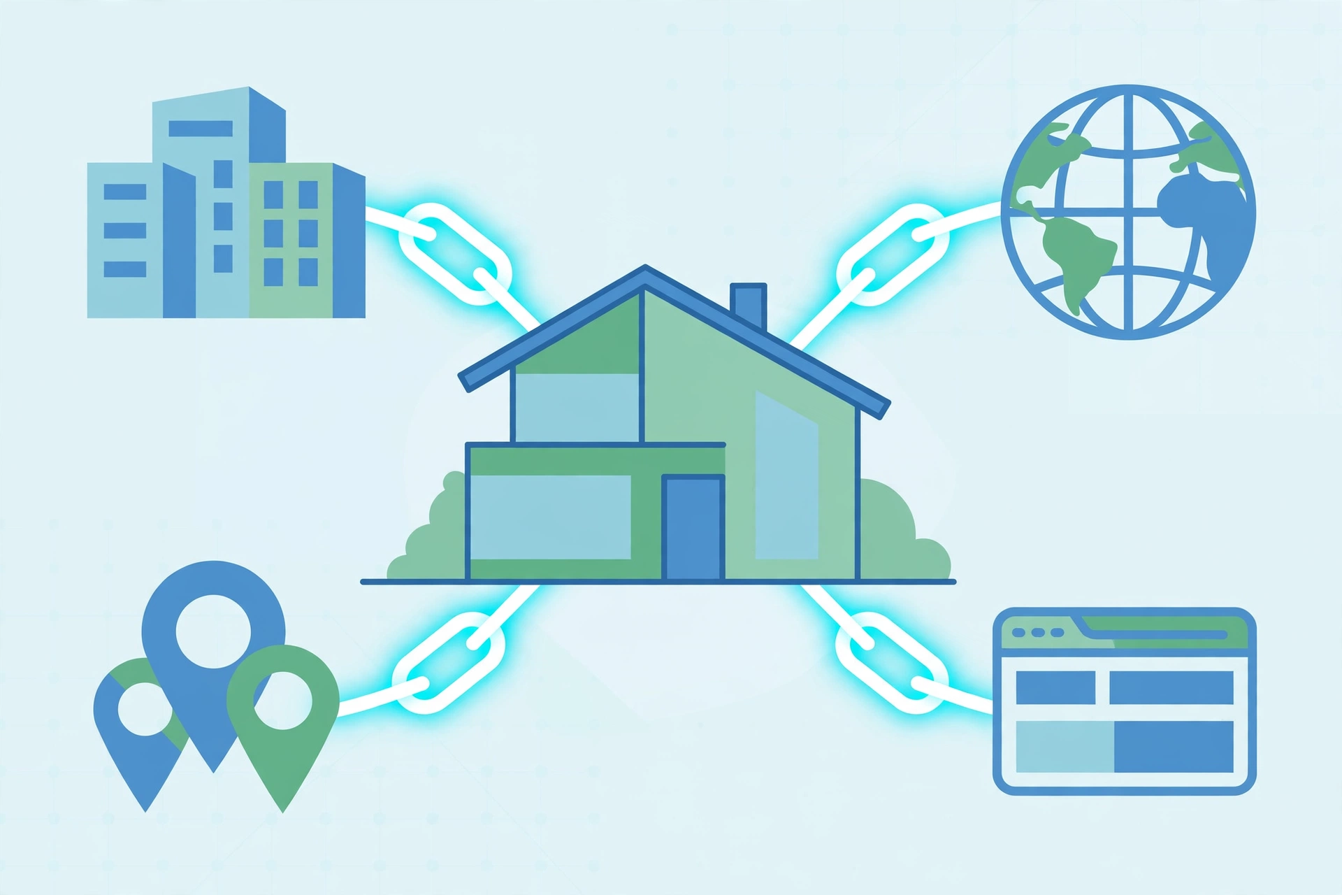 Link building for real estate: house connected by links to buildings, globe and web icons