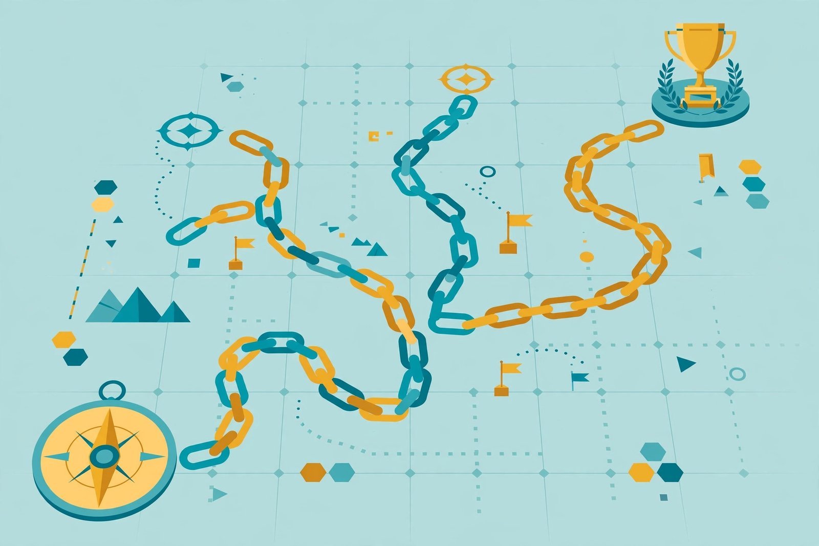 A winding roadmap with branching chain-link paths in teal and amber, a compass, small flags marking checkpoints, and a gold trophy at the finish