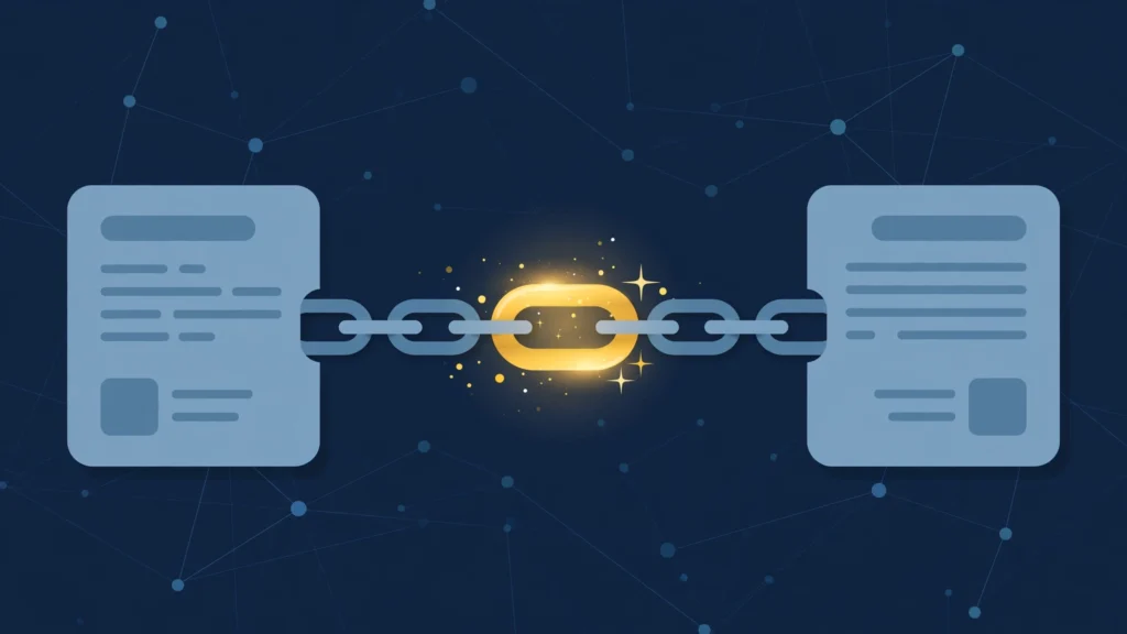 Broken chain link being repaired between two web pages — illustration of link reclamation