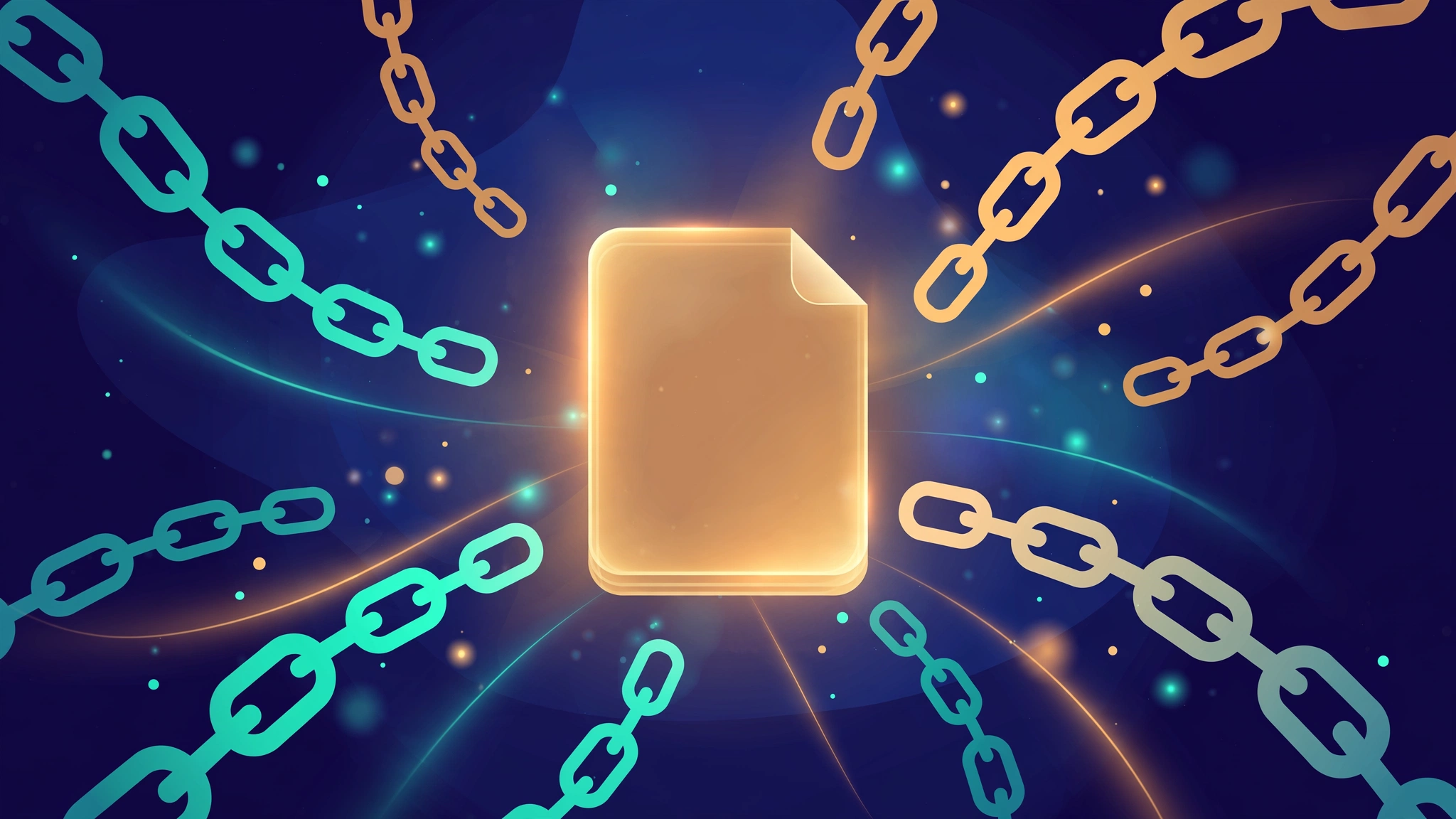 A glowing document attracting hyperlink chain links, representing linkable assets