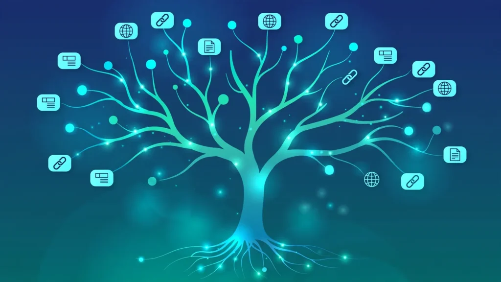 Abstract illustration of a glowing tree with branches connecting to website nodes and link icons, symbolizing backlinks earned naturally