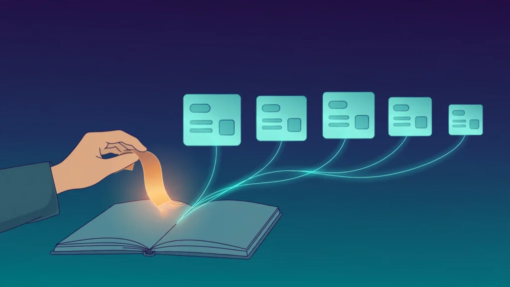 Illustration of a hand placing a glowing bookmark into an open book connected to a row of curated website page cards, symbolizing resource page link building