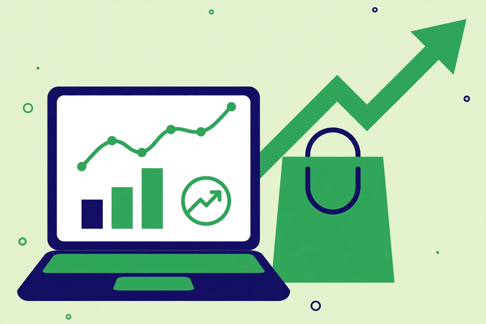 Laptop displaying an ecommerce analytics dashboard with a shopping bag and rising growth arrow, symbolizing Shopify SEO