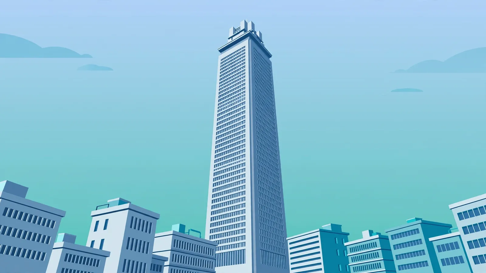Tall skyscraper building rising above smaller buildings, illustrating the skyscraper technique concept