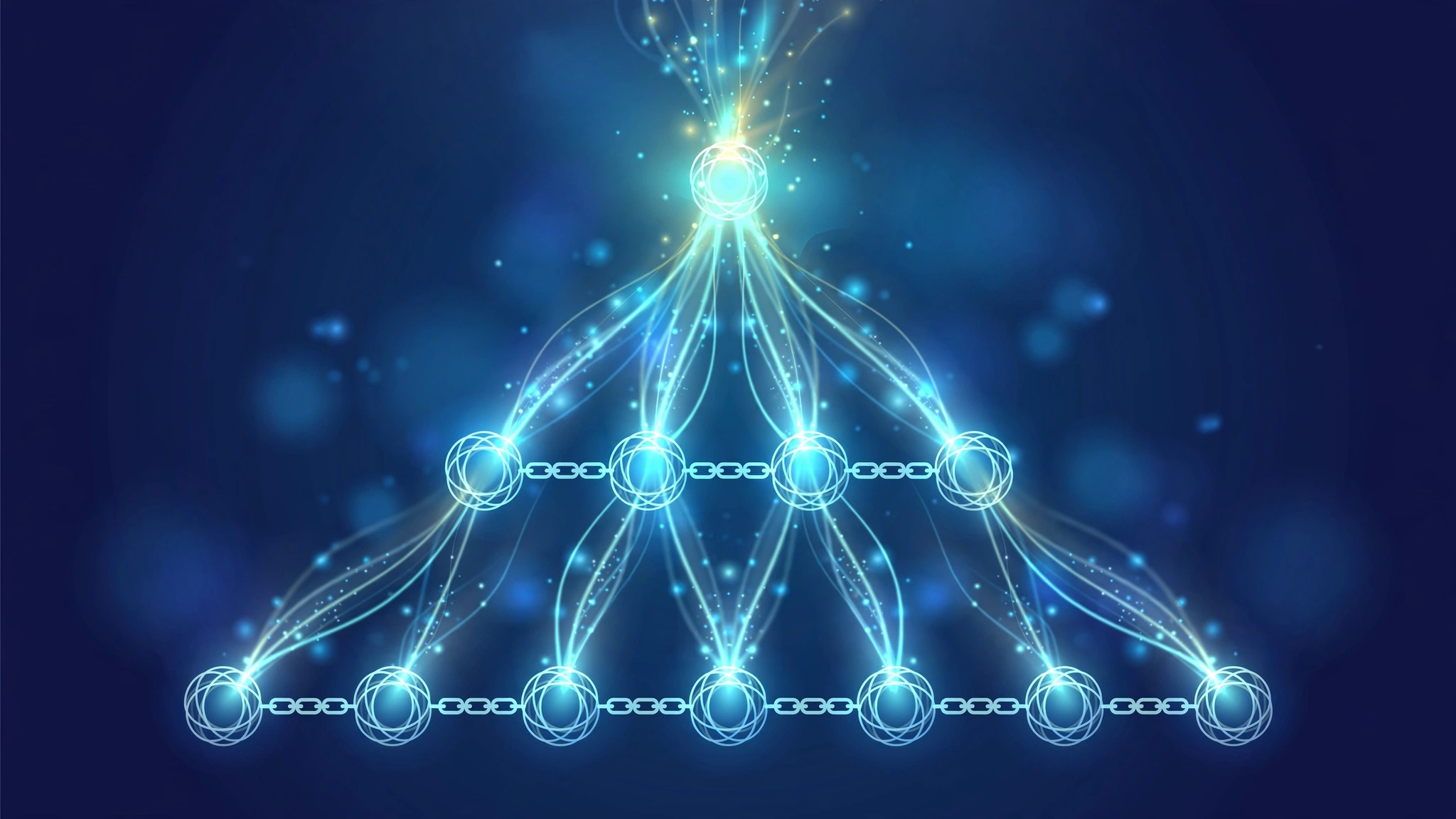 Abstract illustration of a tiered link building pyramid with layered glowing link nodes