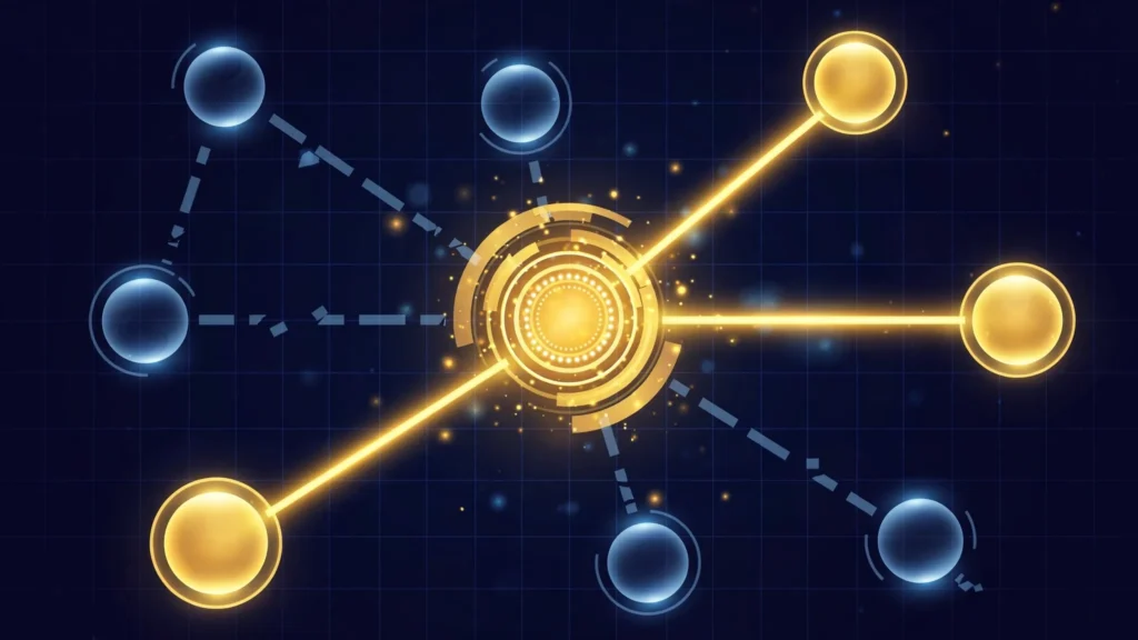 Abstract illustration of a central website node connected by glowing gold and dim blue link lines to surrounding backlink nodes on a dark grid