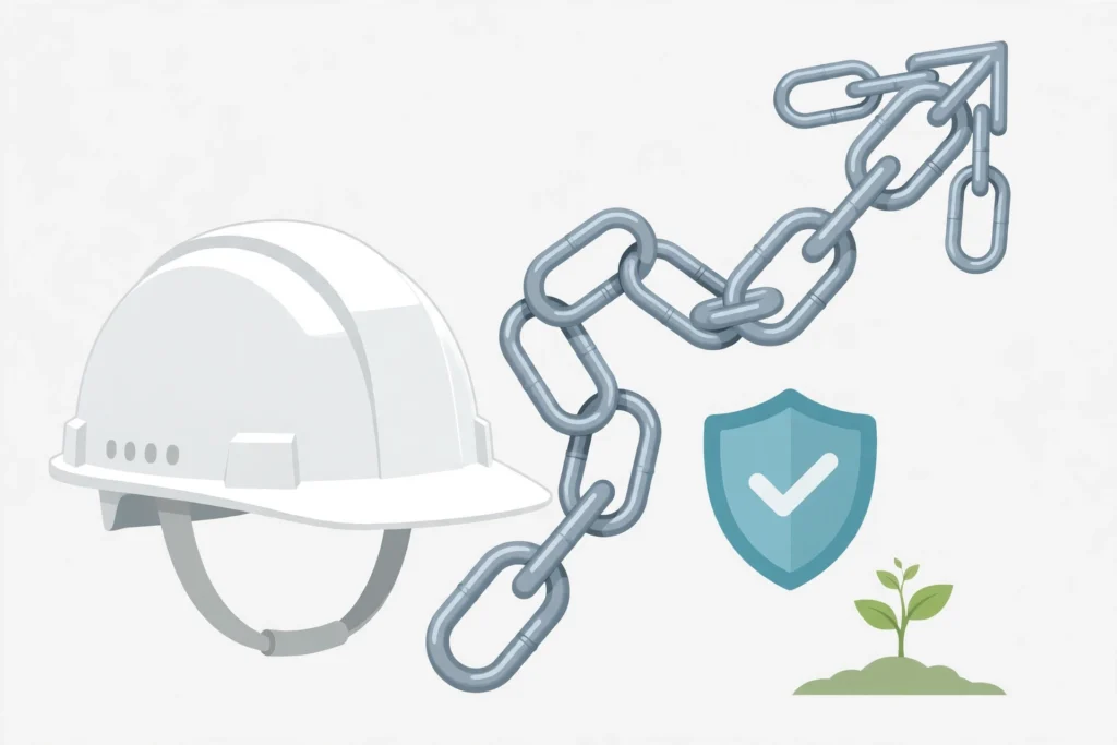 A white hard hat beside metal chain links forming an upward arrow, a teal shield with a checkmark