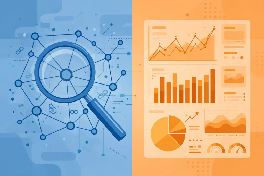 Ahrefs vs Semrush comparison: blue backlink analysis vs orange keyword analytics dashboard