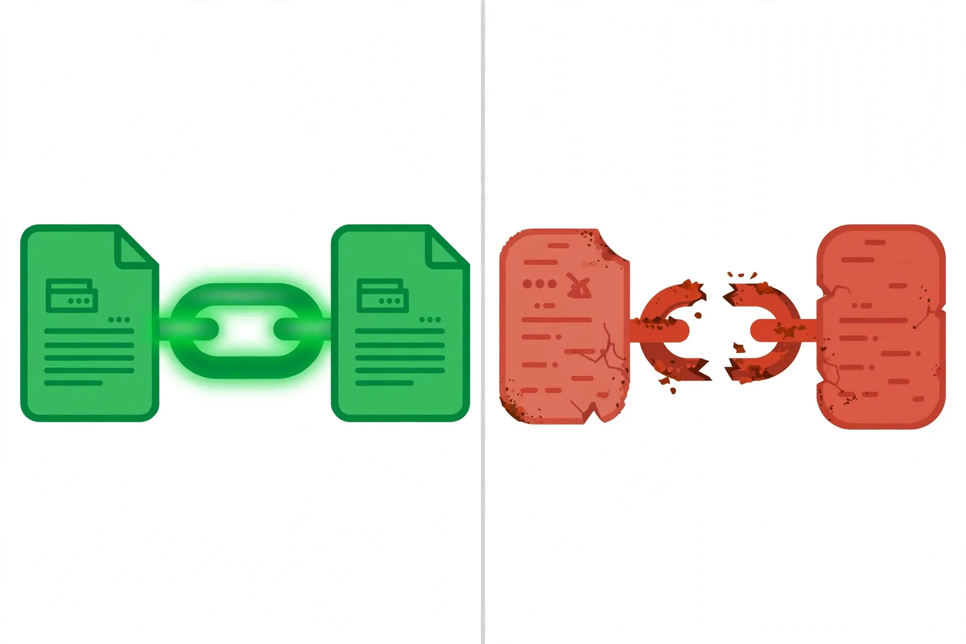 Split illustration comparing a healthy glowing green chain link between two quality pages versus a rusty broken red chain link between two spammy pages