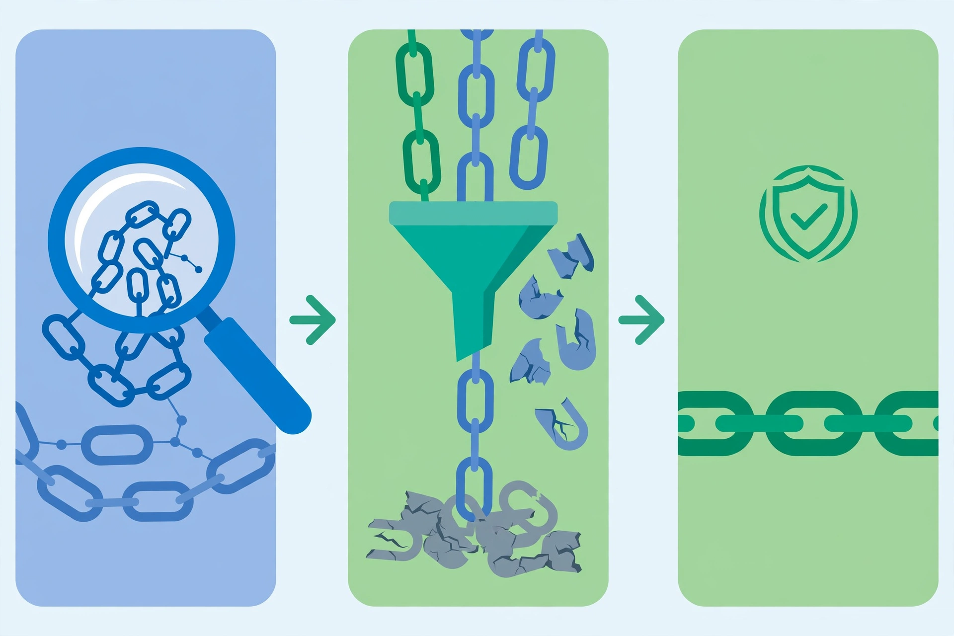 a link audit process with a magnifying glass filtering out broken toxic chain links and keeping healthy strong links