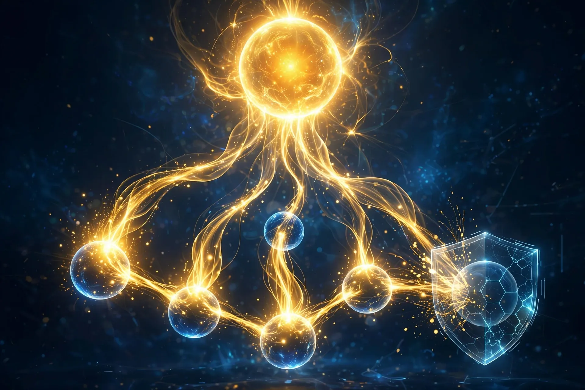 Golden light streams flowing from a large authoritative glowing orb down through links into smaller website orbs, with one stream blocked by a shield