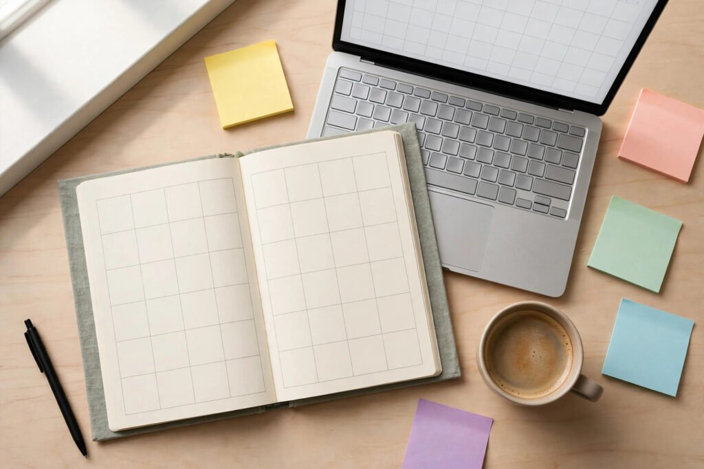 Overhead view of a desk with an open blank planner calendar, a laptop showing a spreadsheet, colorful sticky notes, a pen, and a cup of coffee