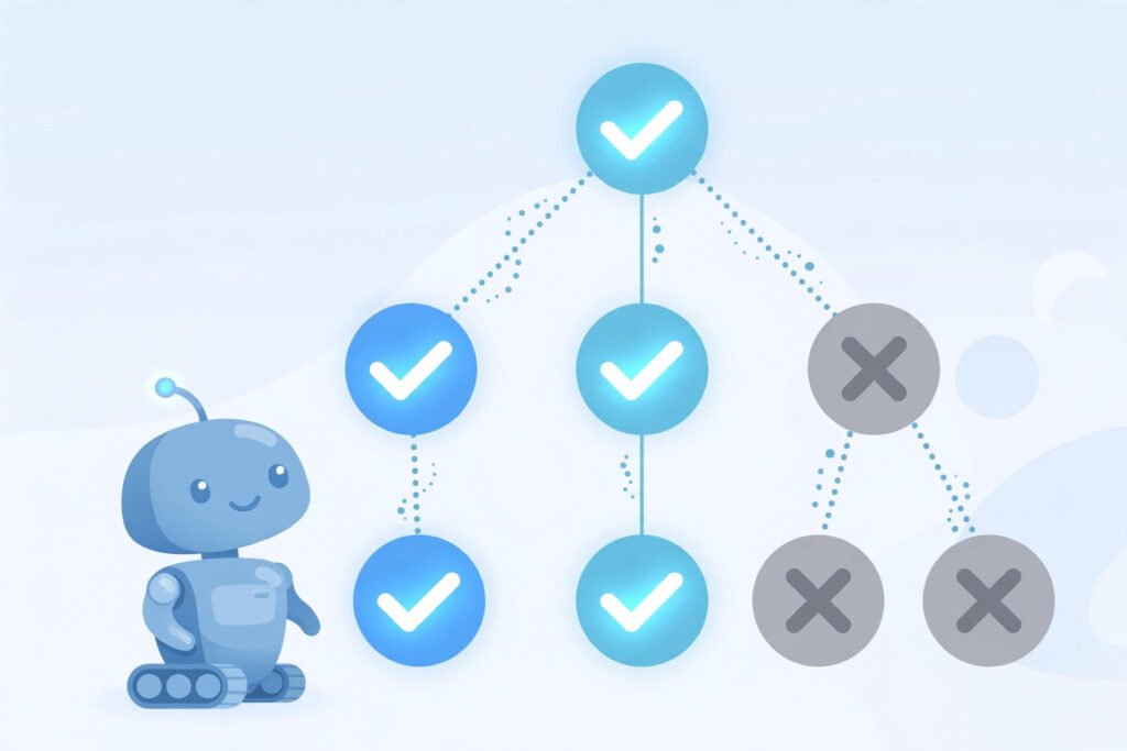 A small blue crawler robot beside a website sitemap tree, with glowing checkmarks on crawlable pages and X marks on greyed-out blocked pages