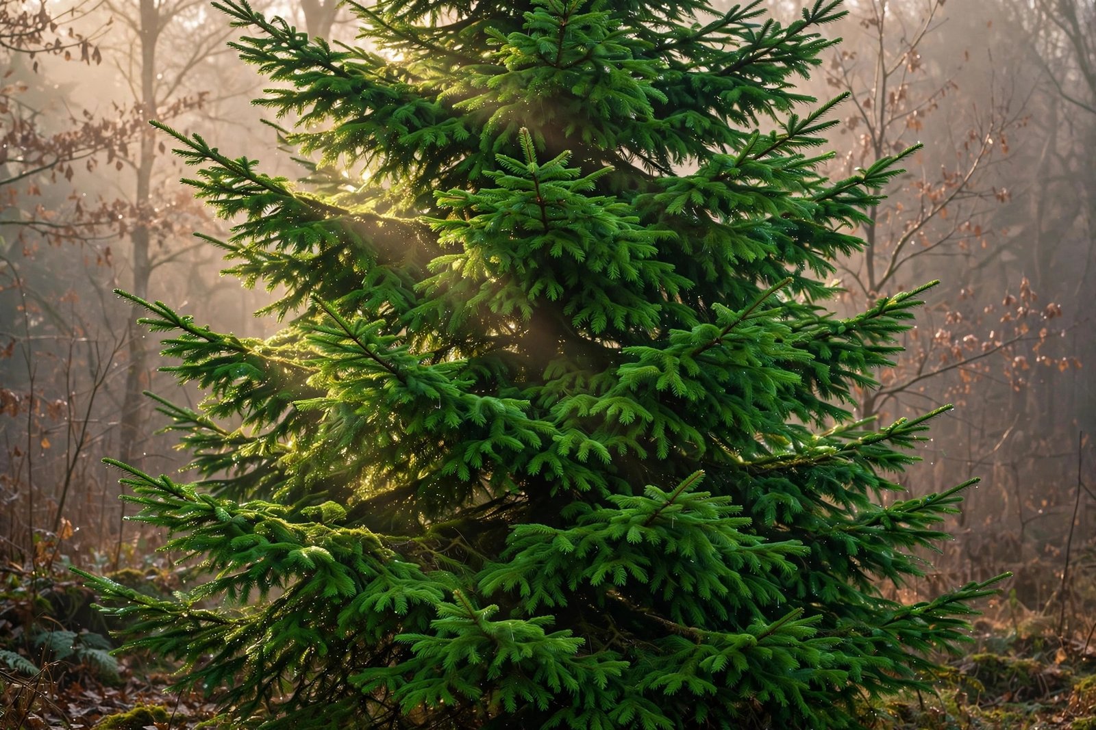 A vibrant evergreen tree with lush green foliage standing tall in morning light, with bar charts growing from its branches