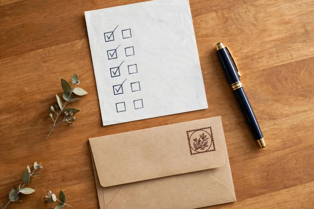 Checklist paper with checkmarks, a fountain pen, and a stamped kraft envelope on a warm wooden desk