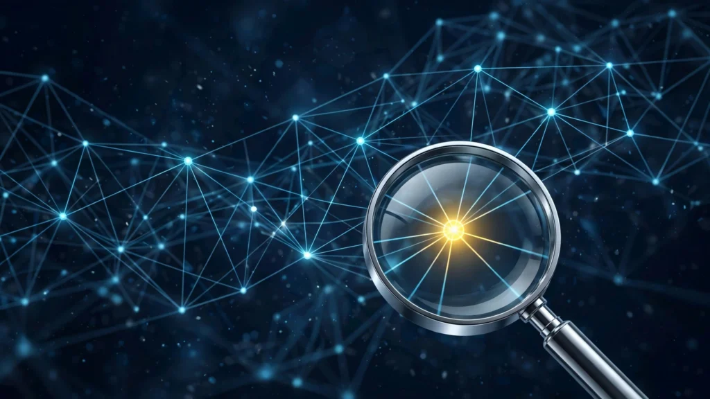 Abstract network visualization with magnifying glass representing link building analysis
