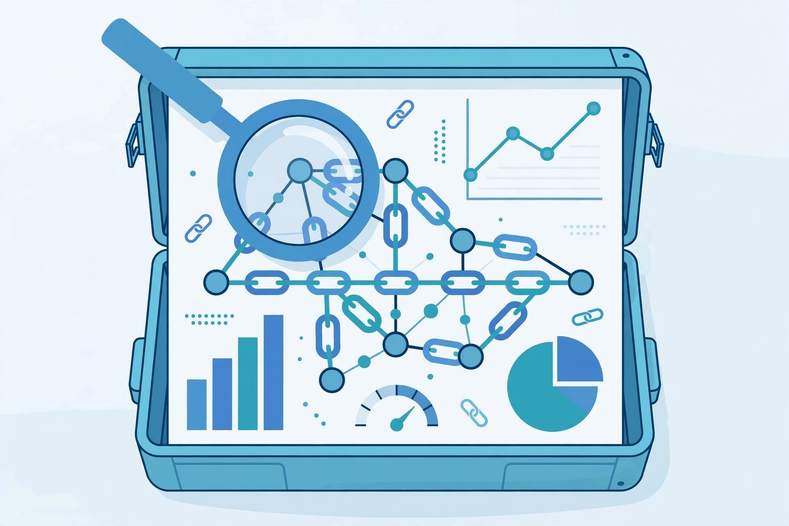 Flat illustration of an open blue toolbox revealing a backlink analysis dashboard with chain-link network nodes under a magnifying glass, plus bar, line and pie charts