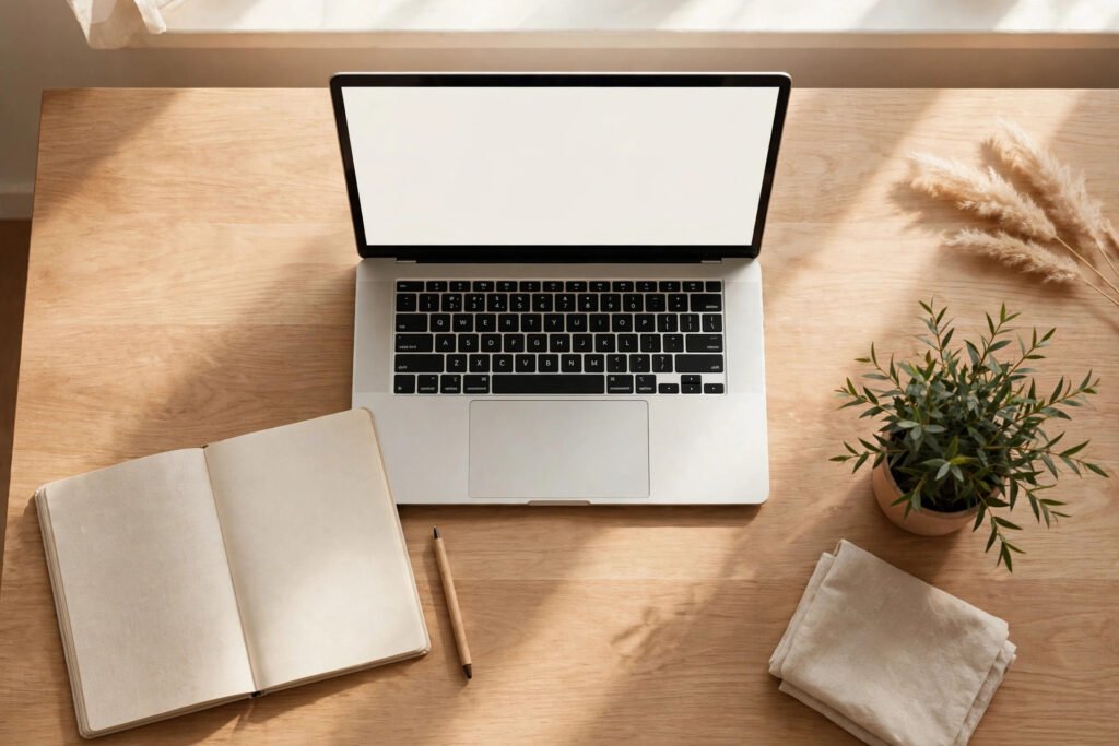 Overhead view of a clean wooden desk with an open laptop showing a blank document, an open notebook with a pen beside it, and a small potted plant in soft natural window light