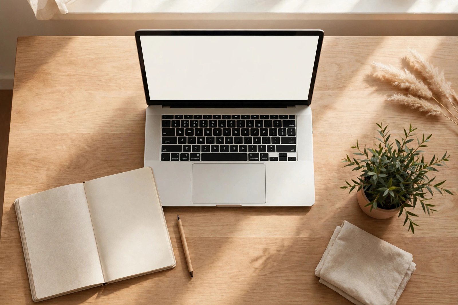 Overhead view of a clean wooden desk with an open laptop showing a blank document, an open notebook with a pen beside it, and a small potted plant in soft natural window light