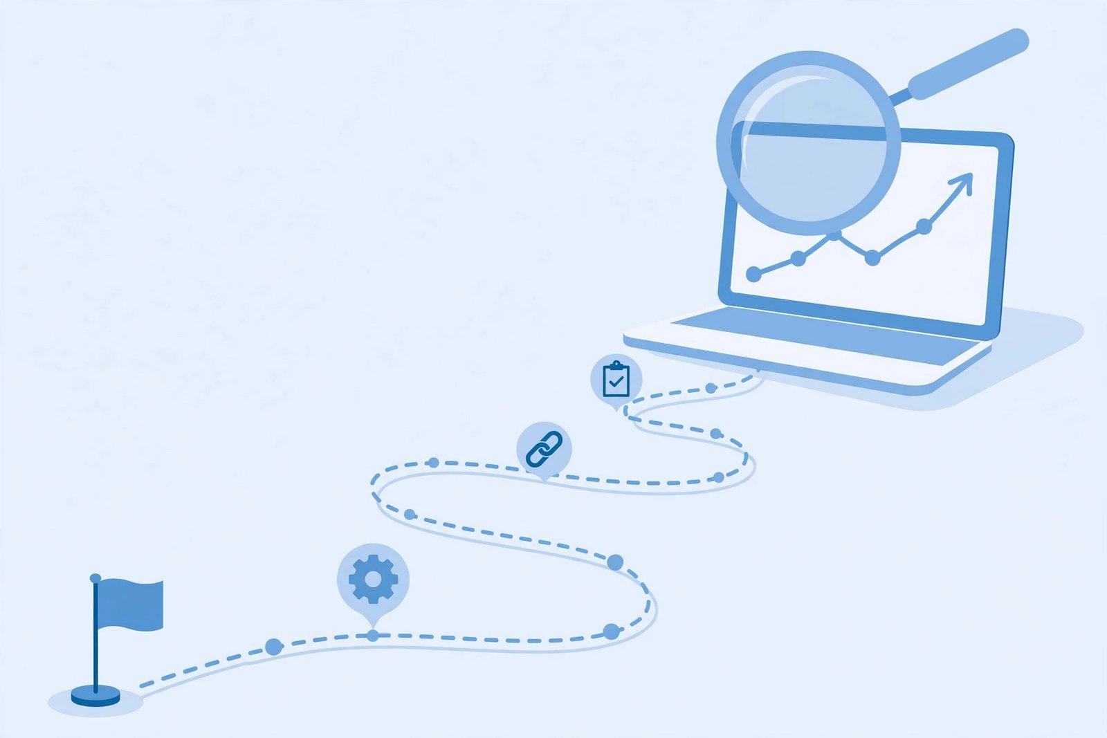 Search engine crawler spider on a web of linked pages with a magnifying glass and database