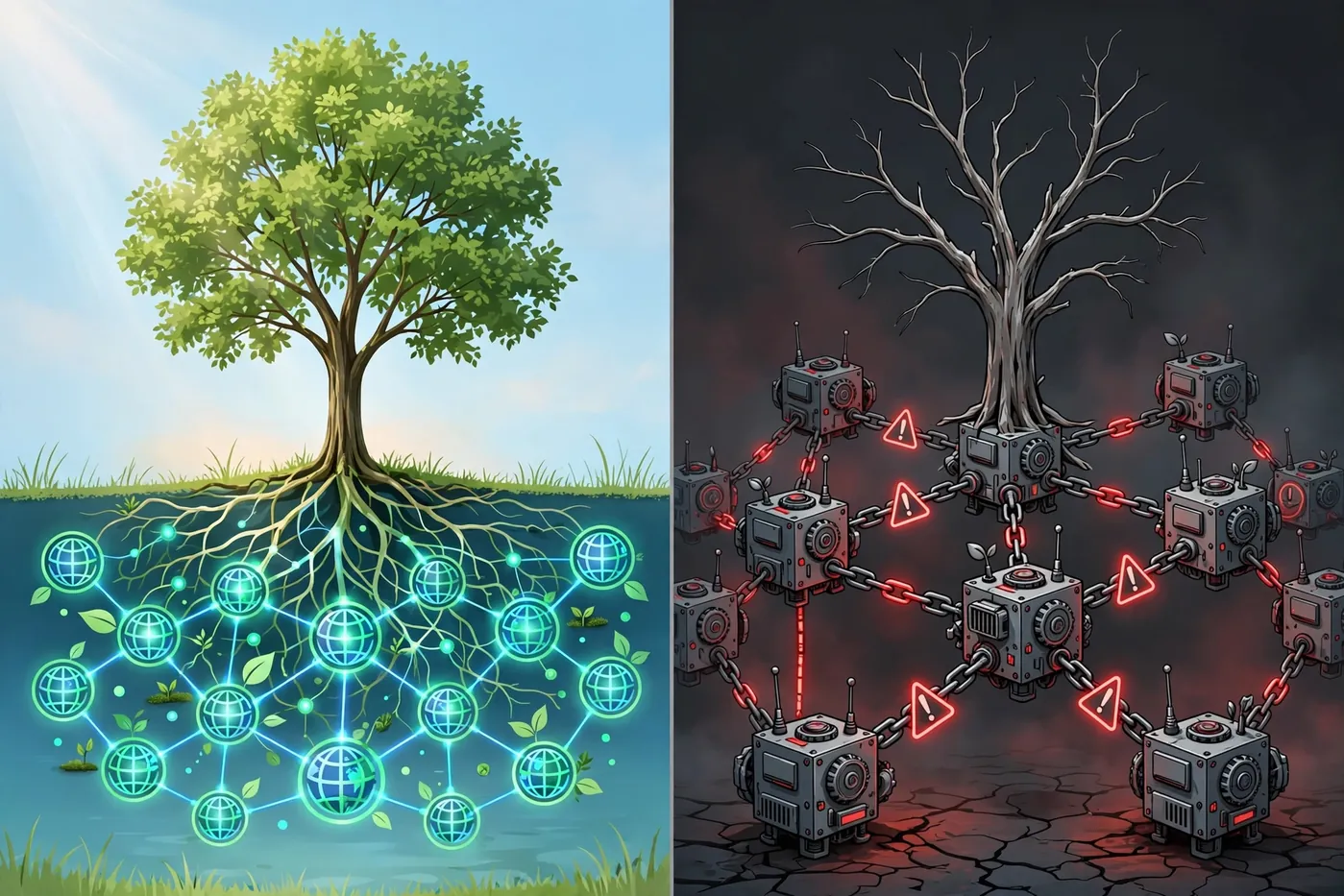 Split illustration comparing a healthy green tree with organic website connections on the left versus a withered tree chained to robot sites with warning symbols on the right