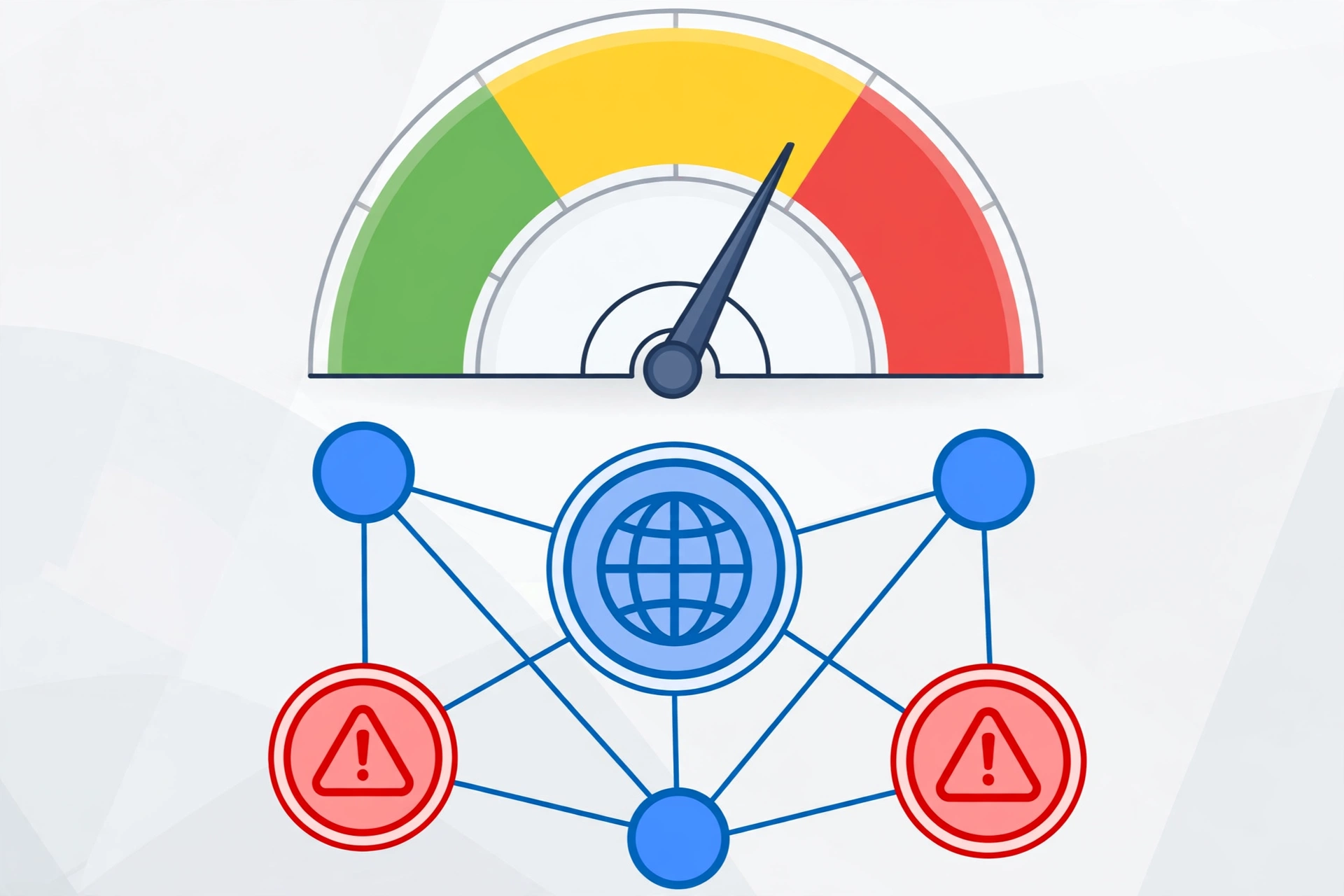 Diagram of a spam score gauge showing green low-risk zone, yellow medium zone, and red high-risk zone with website backlink nodes